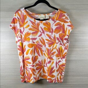 Cynthia Rowley Linen Orange & Pink Leaf Print Short Sleeve Top Size Large